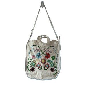 BAGGU Horizontal Zip Duck Bag Embroidered Birds Tote Floral Boho